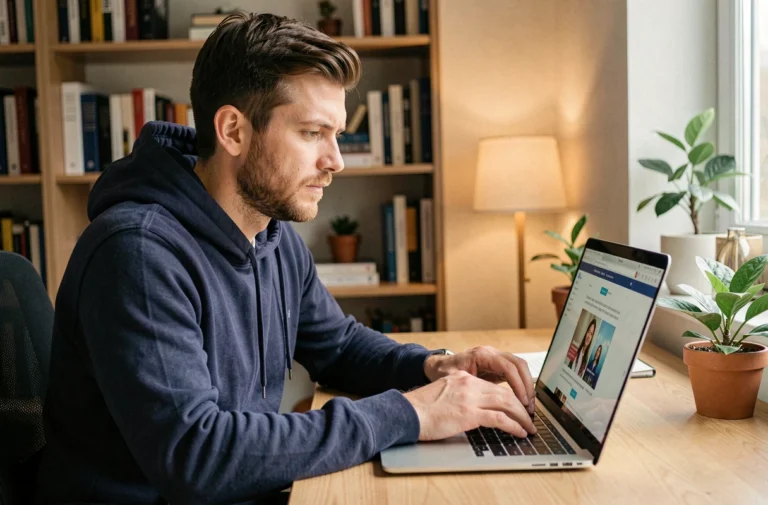 Homme adulte tapant sur un ordinateur portable pour accéder à un site de téléchargement depuis son bureau à domicile