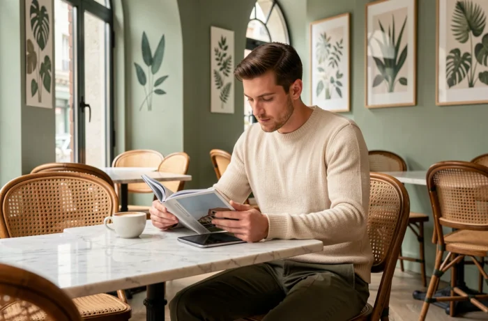 Homme tendance dans un café parisien lisant les actualités lifestyle de la saison sur une tablette