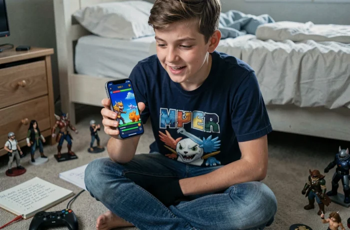 Adolescent consultant un guide de jeu sur smartphone pour débloquer un Pokémon rare dans un jeu de clicker