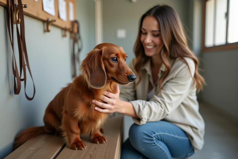 Femme adoptant un teckel à poil long dans un refuge animalier, tenant le chien avec affection lors d'une visite d'adoption responsable