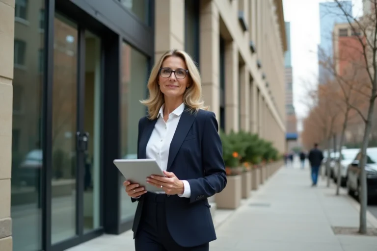 Agent immobilière professionnelle devant un immeuble moderne présentant des annonces immobilières sur tablette en 2024