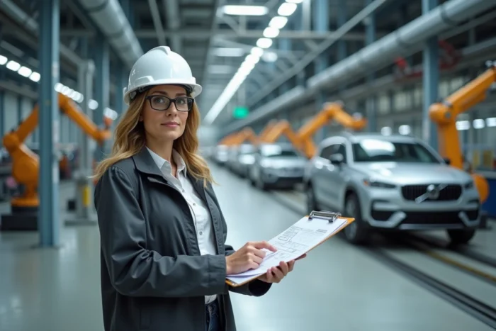 Ingénieure allemande dans une usine automobile moderne, examinant des plans avec des bras robotiques et des véhicules en assemblage en arrière-plan