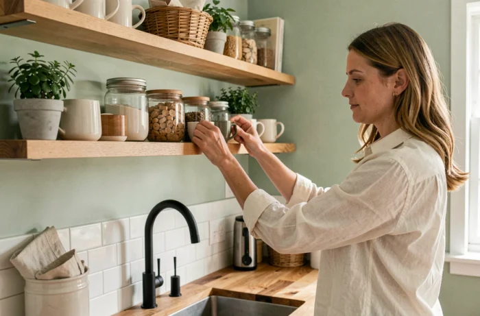 Femme aménageant une étagère cuisine ouverte avec céramiques et herbes aromatiques dans une cuisine rénovée tendance