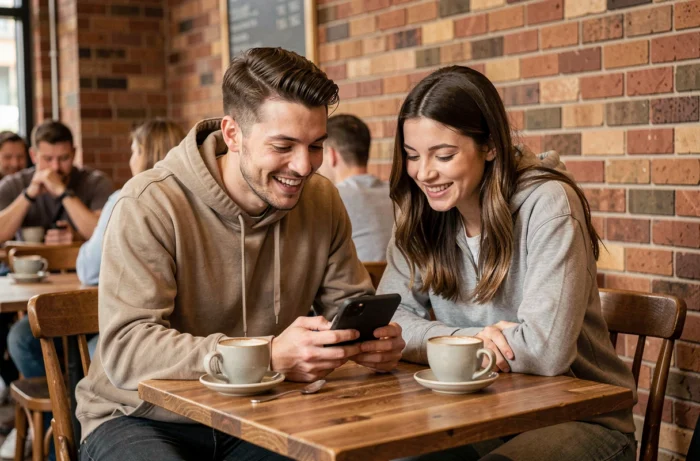 Dos amigos en un café mirando un smartphone que muestra el emoji corazón amarillo en Snapchat