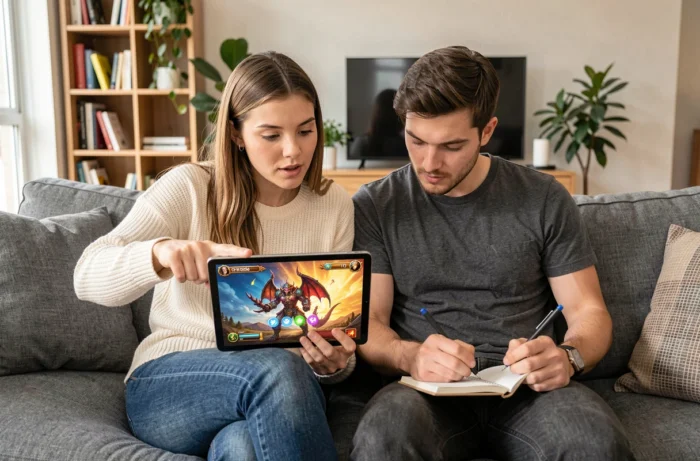 Deux amis stratégisant ensemble sur une tablette pour débloquer des personnages secrets dans un jeu de clicker en ligne