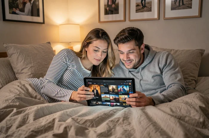Deux amis partageant une tablette pour regarder du contenu sur une plateforme de streaming dans une chambre cosy