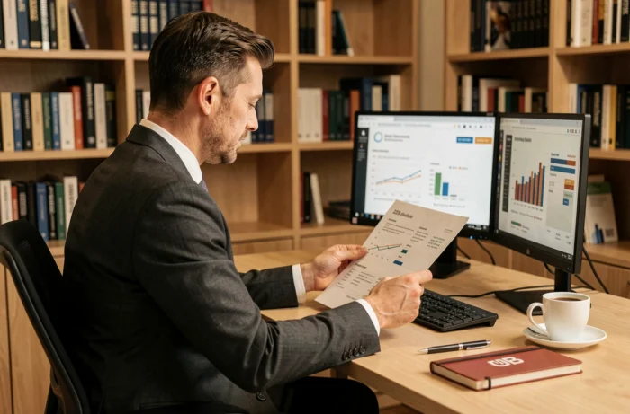 Homme d'affaires analysant des rapports de ventes et tableaux de bord B2B sur double écran dans un bureau privé
