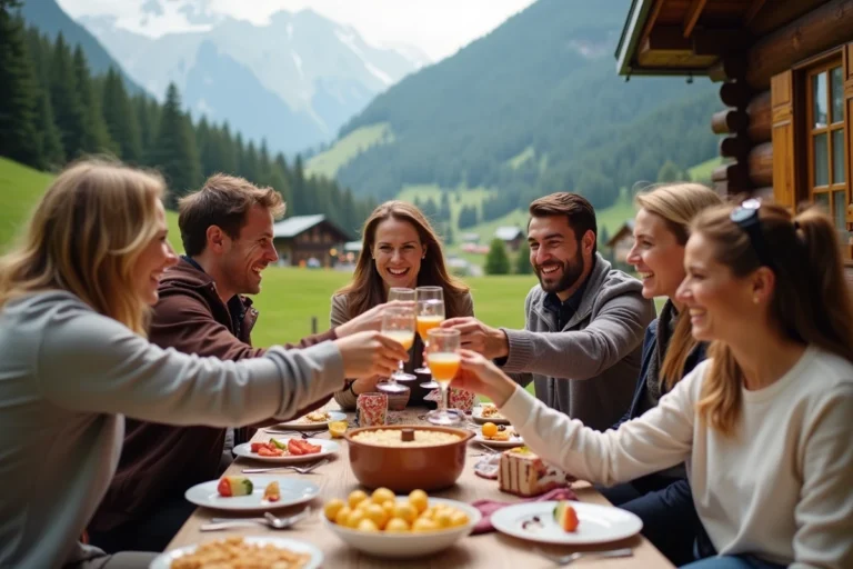 Groupe d'amis fêtant un anniversaire en Suisse avec vue sur les Alpes et décoration festive