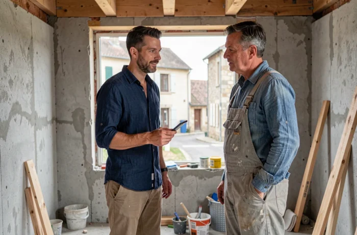 Architecte et maître d'œuvre inspectant les travaux à l'intérieur d'une maison en construction à Bourges
