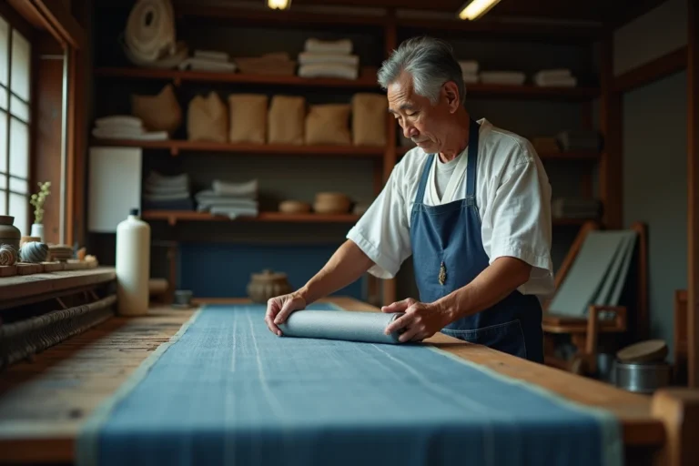 Artisan textile japonais inspectant un rouleau de soie fine dans un atelier traditionnel avec des métiers à tisser en bois
