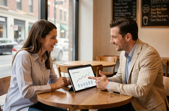 Deux associés discutant de leur stratégie de développement business en ligne autour d'une tablette dans un café