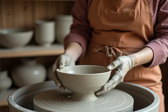 Femme façonnant un bol en argile sur un tour de poterie lors d'un atelier céramique en Suisse