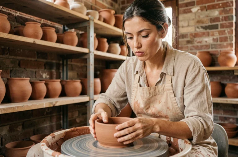 Femme en atelier de poterie façonnant un bol en argile sur un tour de potier, activité créative originale pour occuper son temps libre