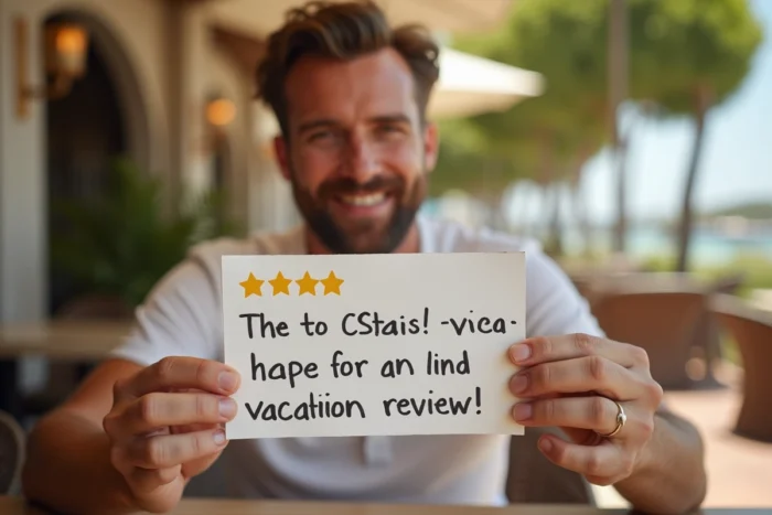 Homme assis en terrasse tenant une carte d'avis cinq étoiles manuscrite pour une destination de vacances imaginaire