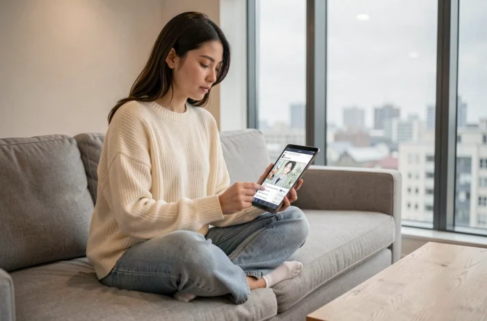 Jovem mulher consultando as avaliações sobre um site de leitura de mangas online a partir de seu tablet, analisando a confiabilidade e a qualidade do serviço