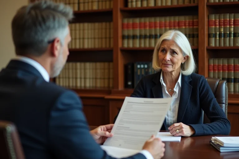 Avocat spécialisé conseillant une cliente lors d'un litige sur une assurance vie dans un cabinet juridique professionnel