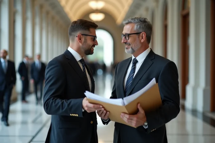 Deux avocats discutant d'un dossier de conflit d'assurance vie dans un couloir de palais de justice