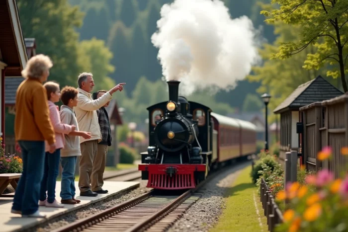 Groupe admirant un train à vapeur miniature arrivant en gare au Swiss Vapeur Parc