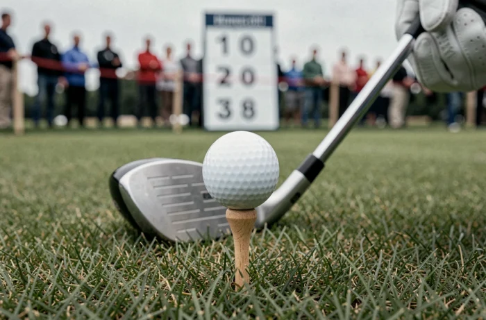 Golfbal op een tee tijdens een lange drive competitie in België met afstandsmarkeringen op de achtergrond