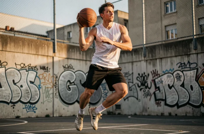 Jeune homme pratiquant le basketball seul sur un terrain extérieur urbain à Lyon avec des graffitis en arrière-plan
