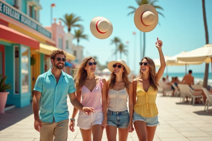 Groupe d'amis joyeux lançant des chapeaux de plage en l'air sur un bord de mer, illustrant le thème des vœux de bonnes vacances originaux
