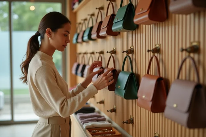 Jeune femme explorant une sélection de sacs en cuir colorés dans une boutique d'accessoires tendance