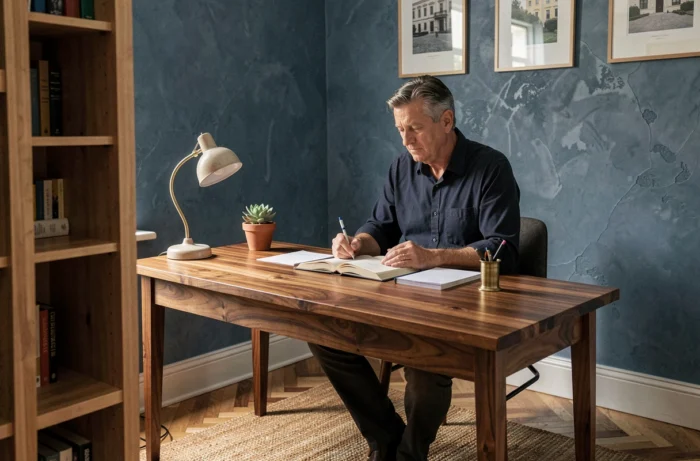 Bureau à domicile tendance avec bureau en noyer, mur bleu ardoise et homme travaillant dans un coin bureau cosy et stylé