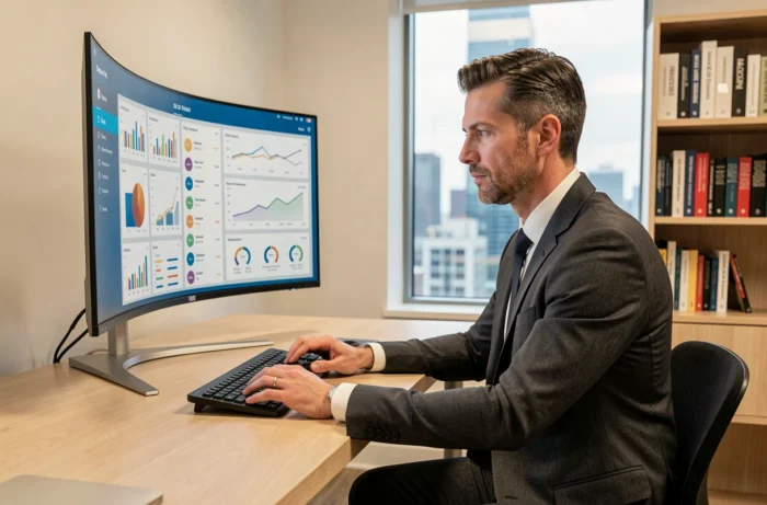 Cadre professionnel analysant des tableaux de bord analytiques B2B sur grand écran dans un bureau exécutif avec vue sur la ville