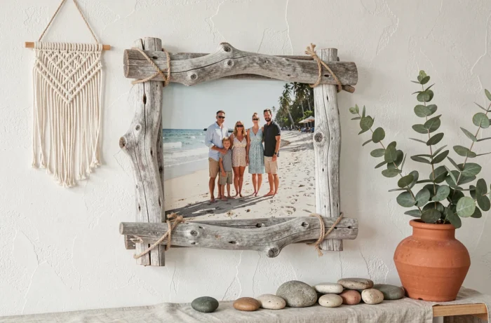 Cadre en bois flotté accroché sur un mur blanc avec photo de famille, entouré d'une décoration naturelle et végétale