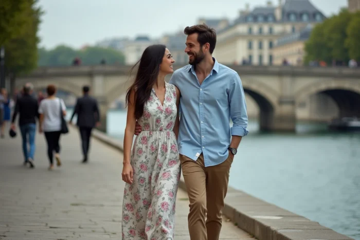 Couple se promenant et riant au bord de la Seine à Paris, illustrant une relation amoureuse complice et détendue