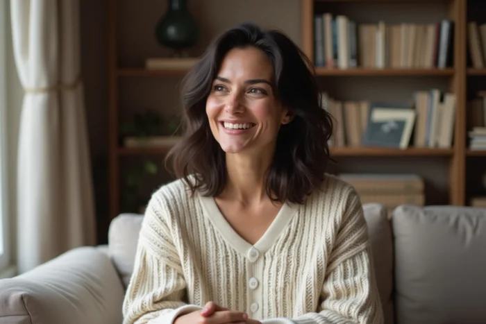 Femme souriante en pull crème assise dans un appartement parisien lors d'une interview intime sur sa vie amoureuse