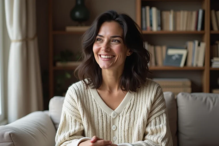Femme souriante en pull crème assise dans un appartement parisien lors d'une interview intime sur sa vie amoureuse