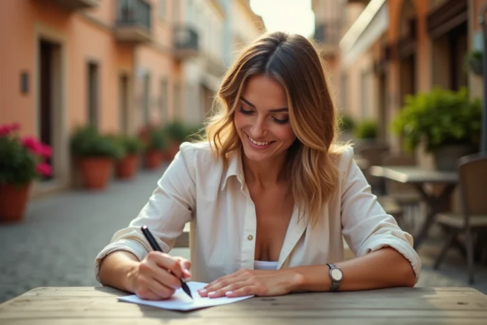 Femme écrivant une carte postale à elle-même depuis un futur idéal de vacances dans une ruelle pittoresque