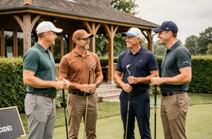 Groep lange drive concurrenten in België die tussen twee rondes tijdens een golftoernooi discussiëren