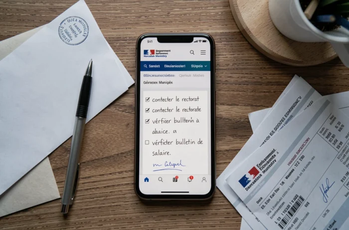 Vue aérienne d'un bureau avec checklist de démarches pour retard de paye enseignant et documents officiels