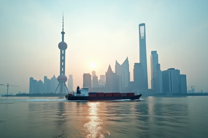 Panorama du quartier financier de Pudong à Shanghai au lever du jour, gratte-ciels reflétés dans la rivière Huangpu, bateau cargo en premier plan symbolisant le commerce chinois