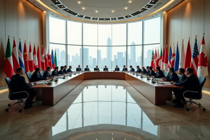 Salle de sommet international avec drapeaux du monde entier, économistes en discussion autour d'une grande table ovale, skyline urbaine visible en arrière-plan