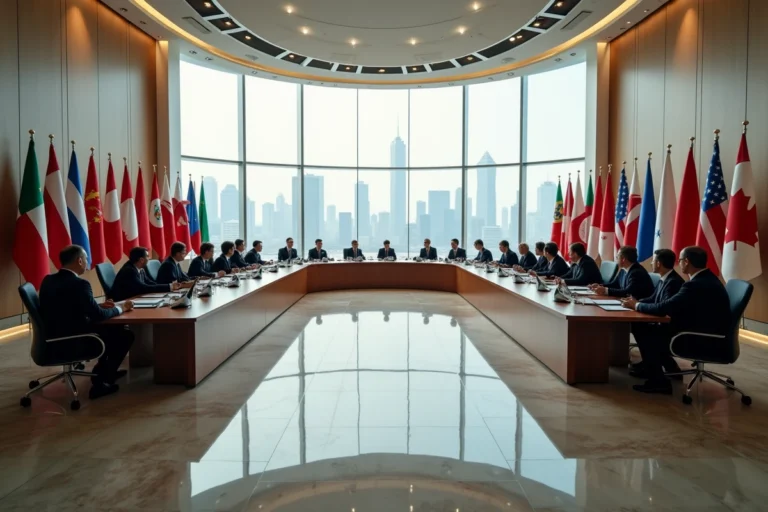 Salle de sommet international avec drapeaux du monde entier, économistes en discussion autour d'une grande table ovale, skyline urbaine visible en arrière-plan