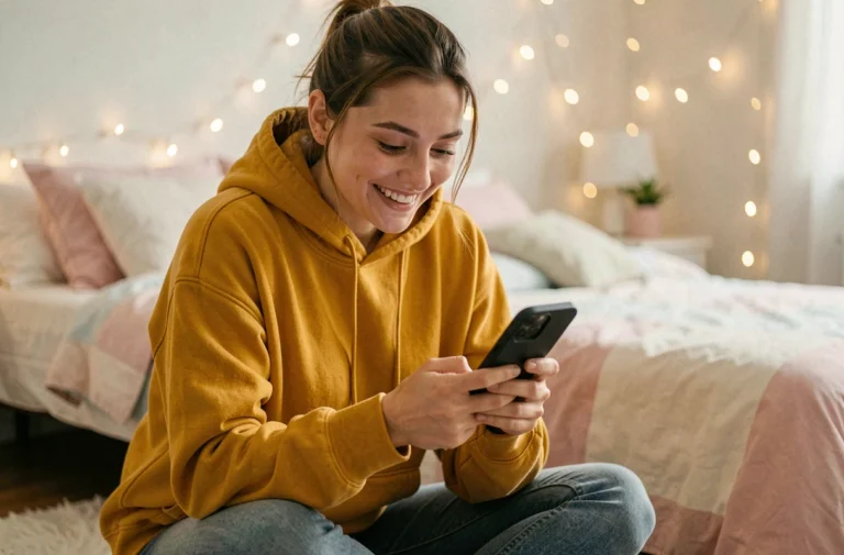 Jeune femme souriante regardant son téléphone avec un emoji cœur jaune sur Snapchat dans une chambre cosy