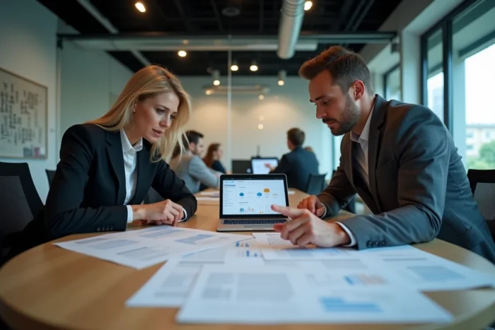 Deux professionnels collaborant sur un business plan avec une tablette et un ordinateur portable en salle de réunion