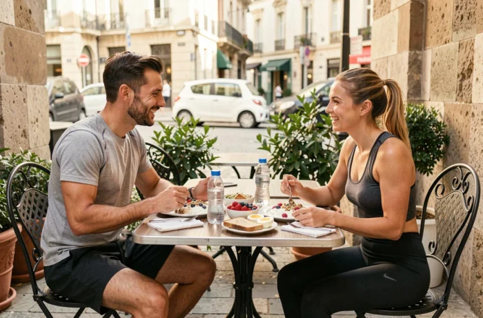 Deux sportifs partageant un repas de récupération sain en terrasse après une séance de course