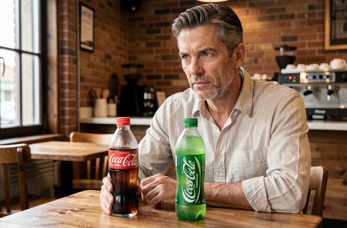 Homme réfléchi comparant une bouteille de Powerade et un verre de Coca Cola dans un café, choix boisson santé sucre