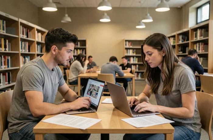 Dois jovens adultos comparando vários sites de leitura de mangas online em uma biblioteca moderna, tomando notas para avaliar sua confiabilidade