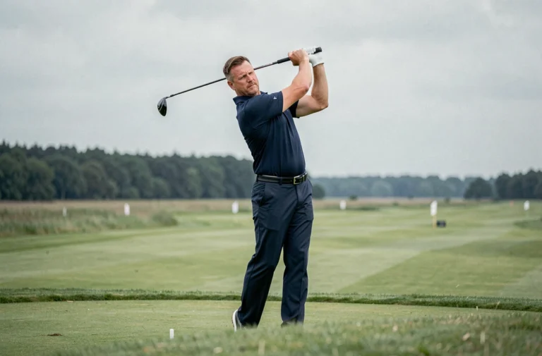 Golfeur belge en pleine frappe de long drive sur un parcours de golf en Belgique lors d'une compétition