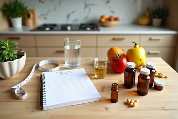 Compléments alimentaires naturels et plan de repas du programme Naturhouse trois semaines disposés en flat lay