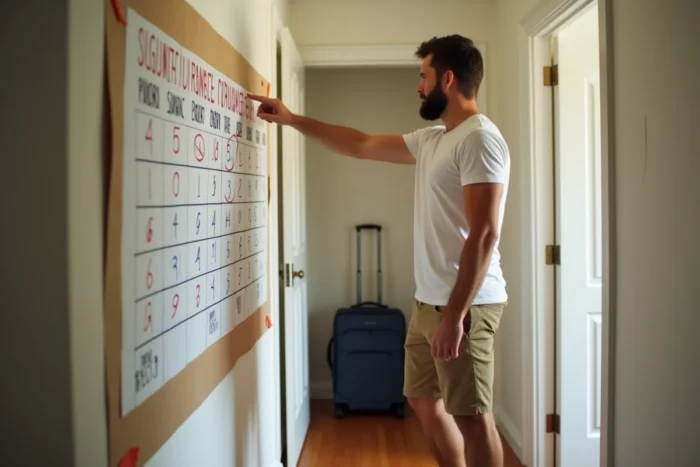 Homme pointant dramatiquement un compte à rebours dessiné à la main sur un mur, avec une valise visible en fond