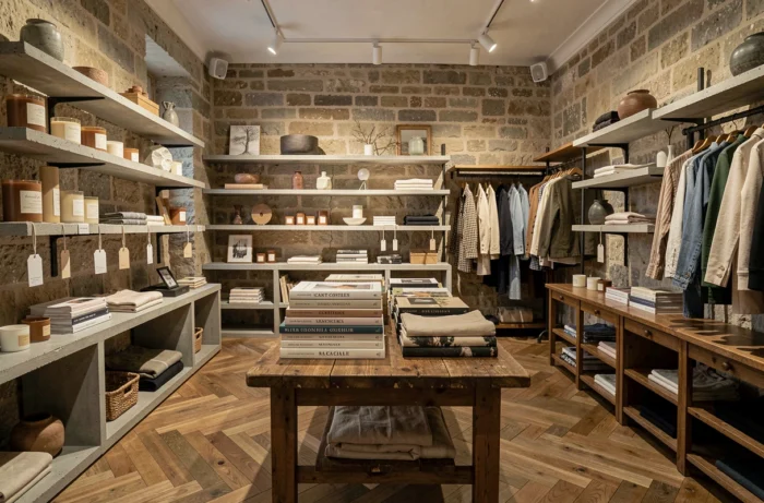 Intérieur d'un concept store tendance à Saint-Germain-des-Prés avec objets design et vêtements curatés