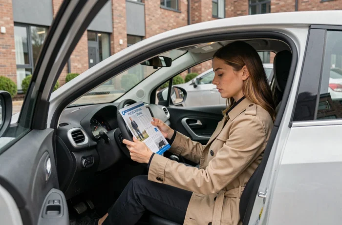Conductrice évaluant les alternatives à la R1 dans un véhicule électrique compact garé en ville