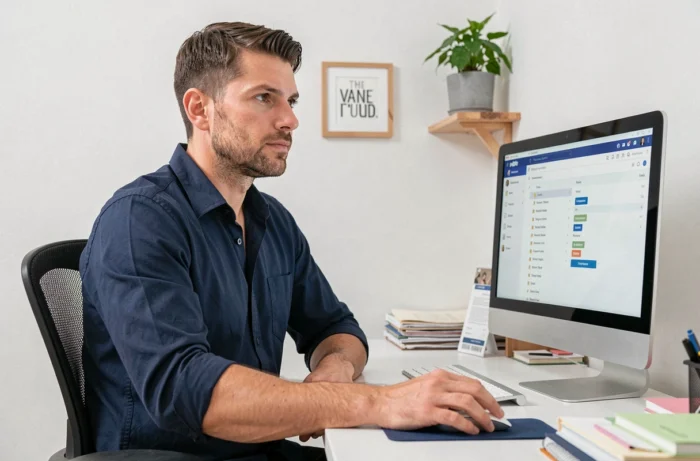 Utilisateur configurant sa messagerie académique de Lyon depuis un bureau à domicile sur un ordinateur de bureau