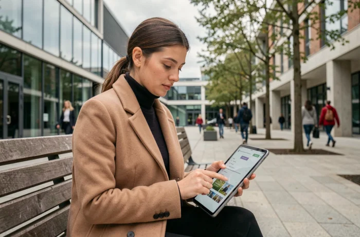 Jeune femme consultant le plan du site Paris Saclay Invest sur une tablette en extérieur sur le campus